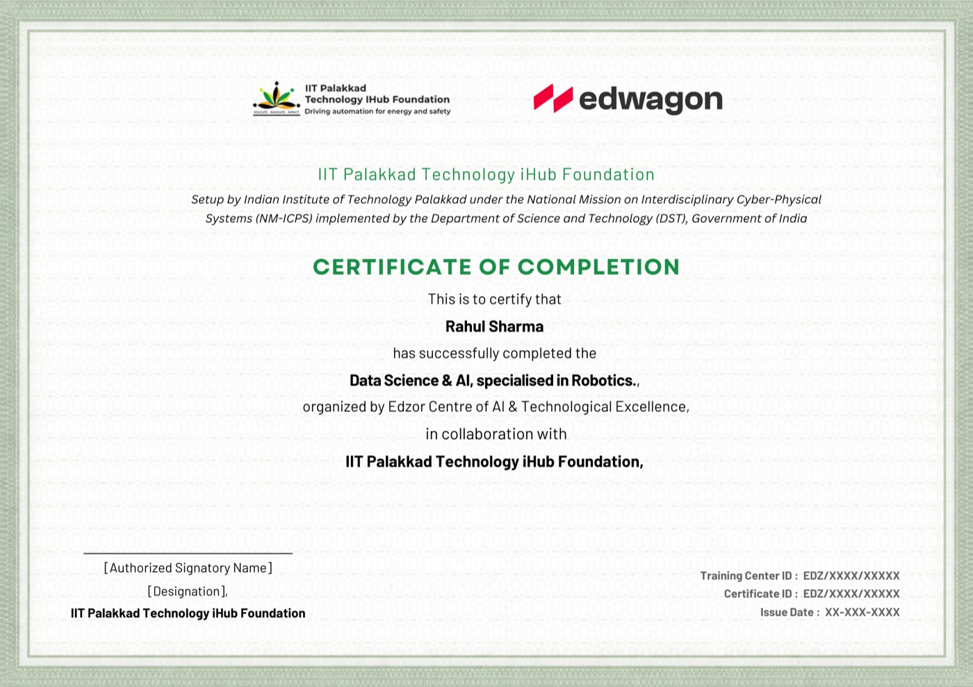 Sample IIT Palakkad Technology IHub Foundation × EdWagon certificate for Artificial Intelligence with Specialization in Robotics