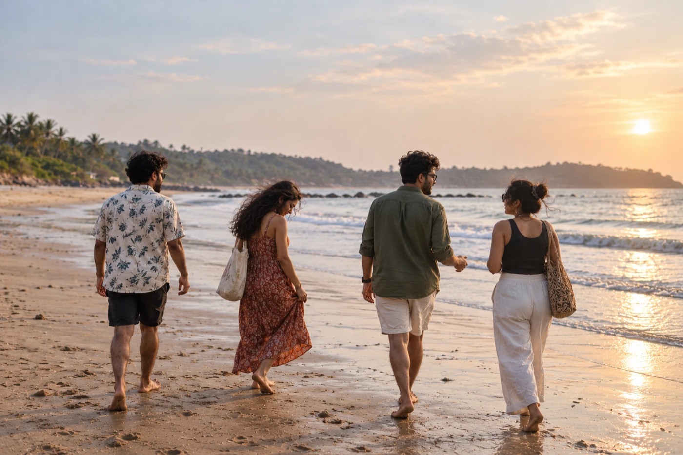 EdWagon learners walking on a Goa beach at sunset